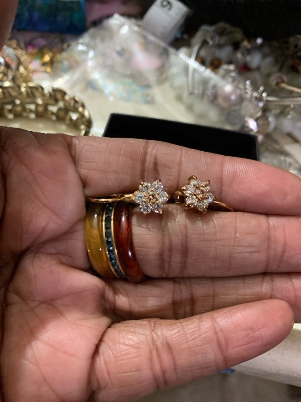 Gold Tone Floral Cluster Stud Earrings with Clear Stones